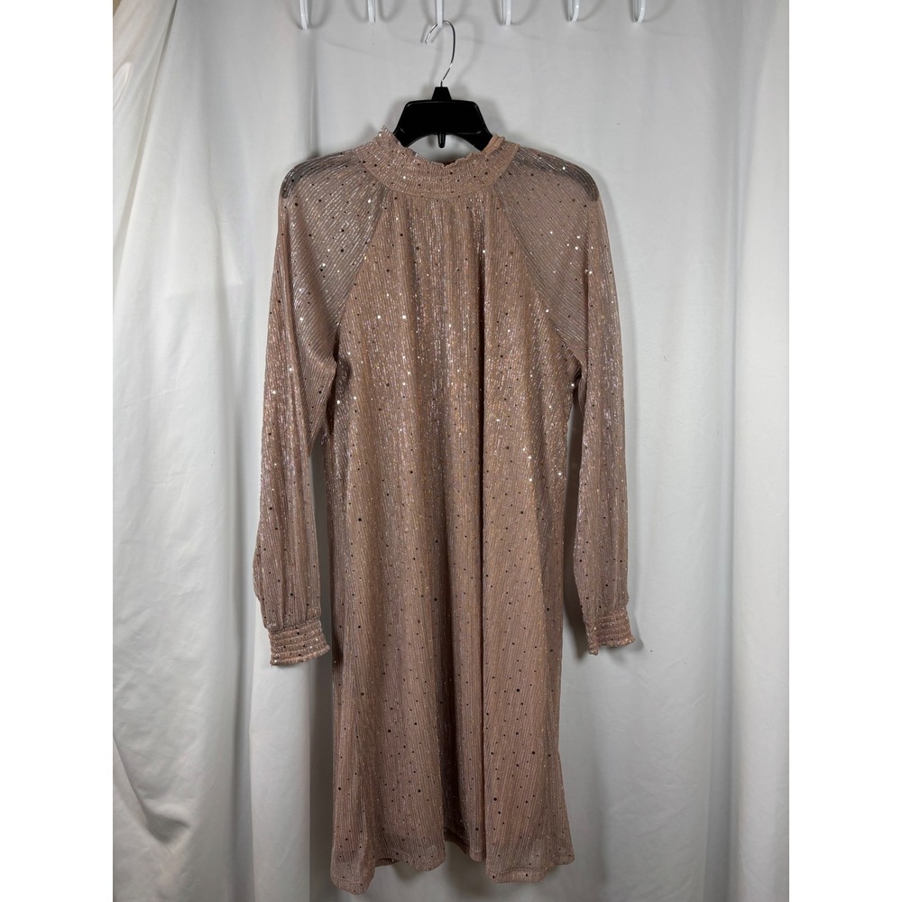 Nina Leonard Womens XL Rose Gold Metallic Pleated Sequin Mock Neck Shift Dress